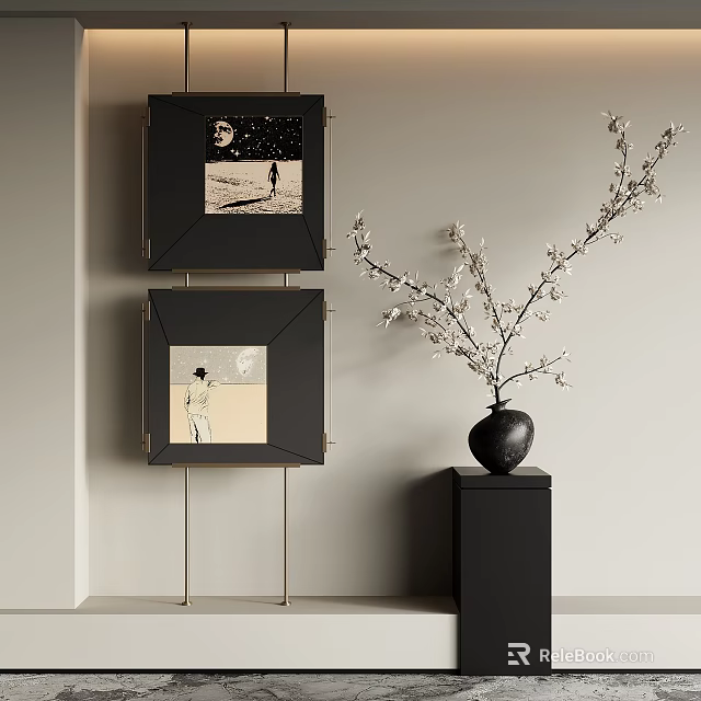 Artistic Sculpture Carving Display In Modern Interior With Vase And Floral Branch 3d model 