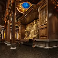 Ancient Architecture Interior With Golden Buddha Statue Wooden Structure And Carvings