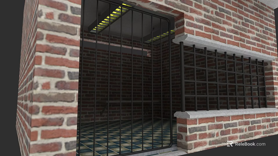 Charming Garden Landscape With Red Brick Walls Black Iron Grilles Checkerboard Tiles And Yellow Lighting 3d model 