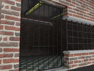 Charming Garden Landscape With Red Brick Walls Black Iron Grilles Checkerboard Tiles And Yellow Lighting 3d model