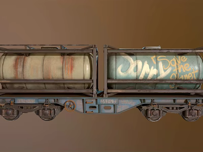 Two Train Cars Rusty Tank Car And Graffiti Art With Jump Dave Orange 3d model