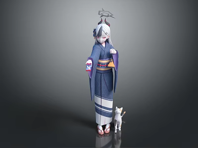 Game Anime Character With White Gray Hair Blue Kimono Headdress Holding Tray And White Cat 3d model