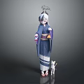Game Anime Character With White Gray Hair Blue Kimono Headdress Holding Tray And White Cat