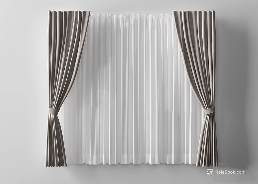 Modern Curtains with White Sheer Panel and Brown Fabric Tiebacks Design 3d model