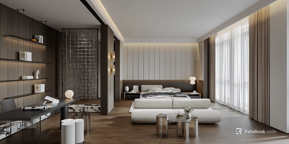 Elegant Modern Bedroom Interior Design With White Bed Wooden Flooring And Floor Lamps 3d model 