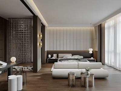 Elegant Modern Bedroom Interior Design With White Bed Wooden Flooring And Floor Lamps 3d model