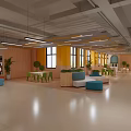 Kindergarten Corridor With Yellow Doors Wooden Walls Green Plants And Sofa Seats Bright Lighting Fixtures