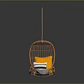 Orange Rattan Hanging Chair With Yellow And Black White Striped Cushions