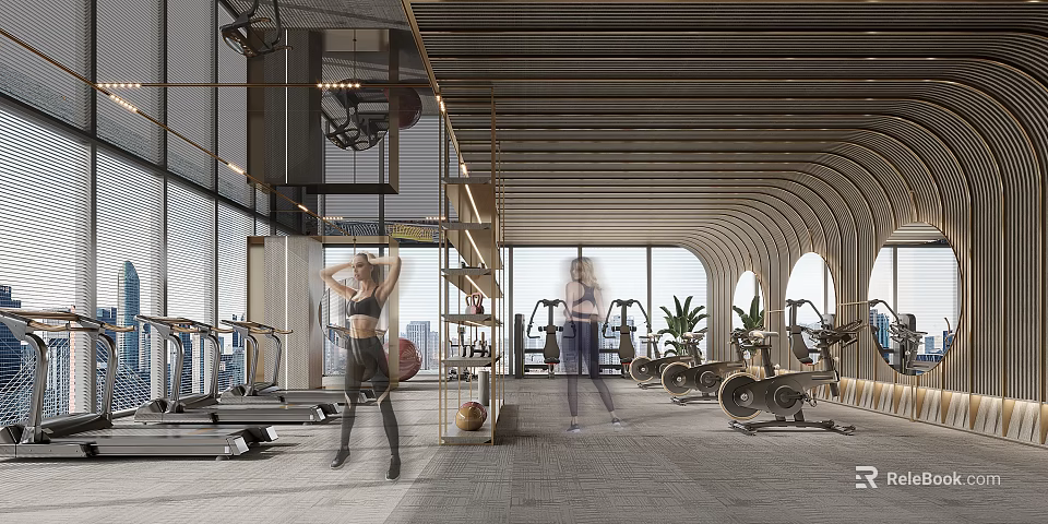 Modern Gym Interior With People Exercising And Equipment 3d model 