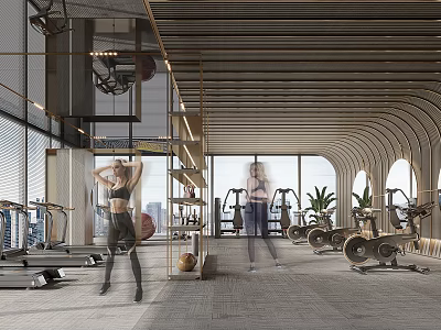 Modern Gym Interior With People Exercising And Equipment 3d model