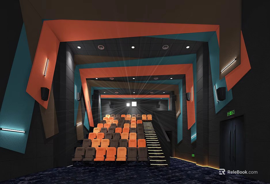 Modern Cinema Interior Featuring Orange Grey Tiered Seats Blue Orange Geometric Wall Decor Projector Lighting 3d model 