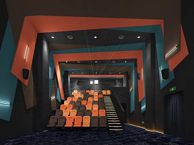 Modern Cinema Interior Featuring Orange Grey Tiered Seats Blue Orange Geometric Wall Decor Projector Lighting 3d model