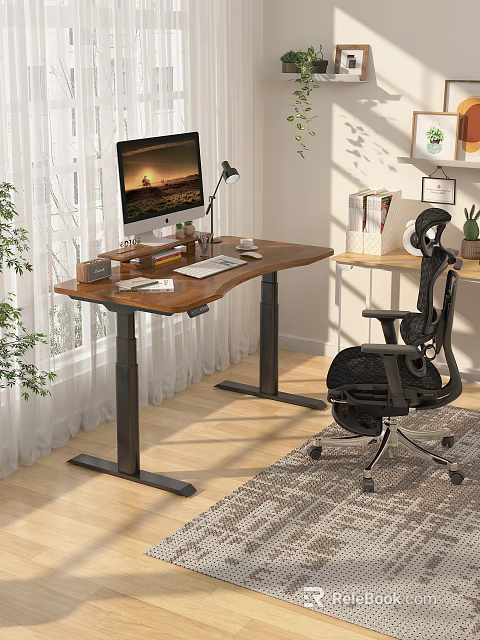 Wooden Height Adjustable Entertainment Desk With Computer Monitor Desk Lamp Keyboard Mouse And Ergonomic Chair 3d model 