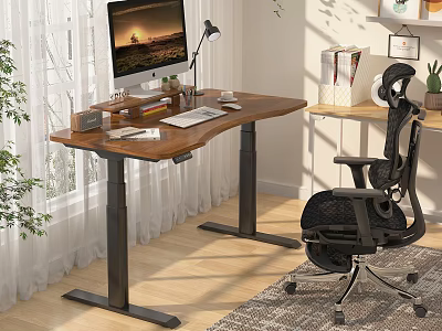 Wooden Height Adjustable Entertainment Desk With Computer Monitor Desk Lamp Keyboard Mouse And Ergonomic Chair 3d model