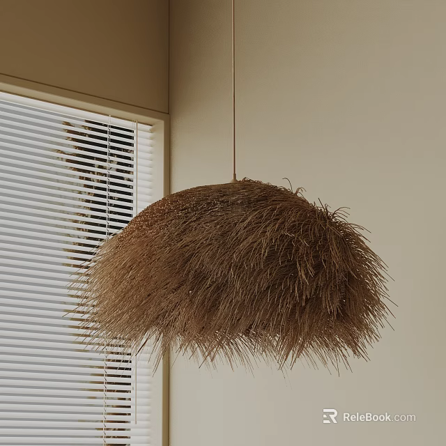 Brown Fluffy Straw Pendant Light Hanging In Interior With Window Blinds 3d model