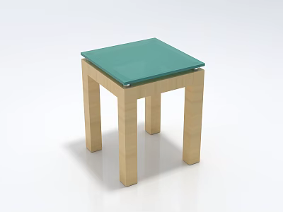 Modern Wooden Stool With Square Green Glass Top And Light Colored Legs Design 3d model