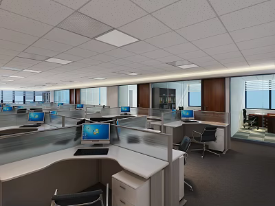 Modern Public Office Space With Cubicles Workstations Computers And Large Windows 3d model