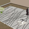 Interior Square Carpet With Abstract Black Line Pattern On Light Wooden Floor And Magazines