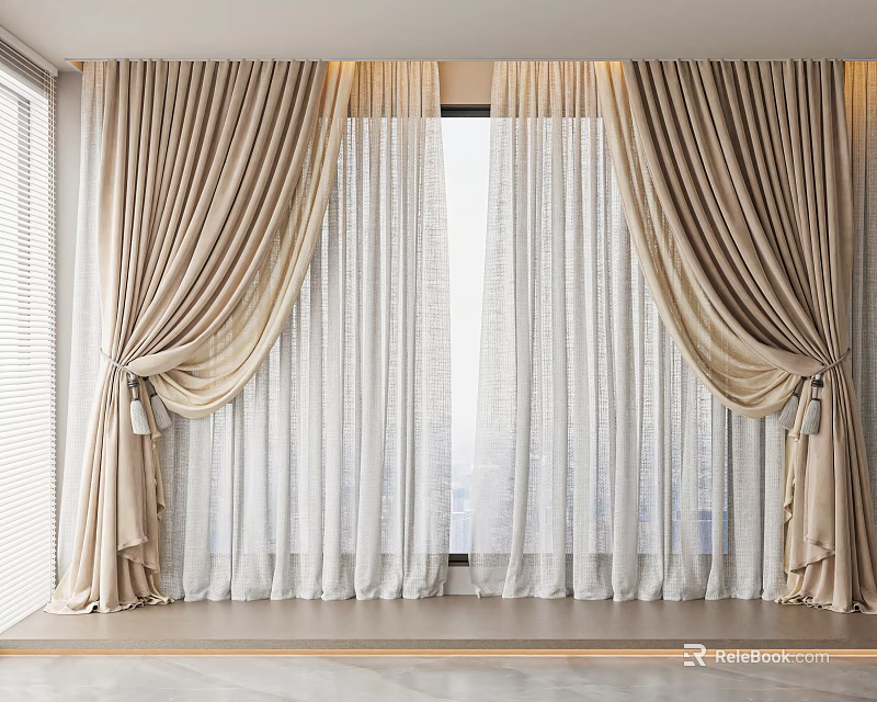 Beige and White Double Layer Curtains with Sheer Panels and Elegant Drapery Design 3d model 