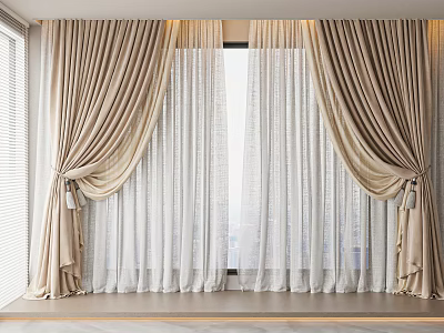 Beige and White Double Layer Curtains with Sheer Panels and Elegant Drapery Design 3d model