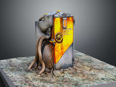 Vintage Industrial Equipment In Yellow Gray With Coiled Hoses And Metal Wheel On Textured Platform 3d model