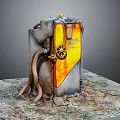 Vintage Industrial Equipment In Yellow Gray With Coiled Hoses And Metal Wheel On Textured Platform