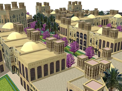 Traditional Architecture Complex With Domes Arched Windows Purple Trees And Courtyard 3d model