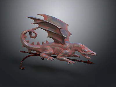 Reddish Brown Dragon Sculpture With Curled Tail And Detailed Wings On Metal Stand 3d model