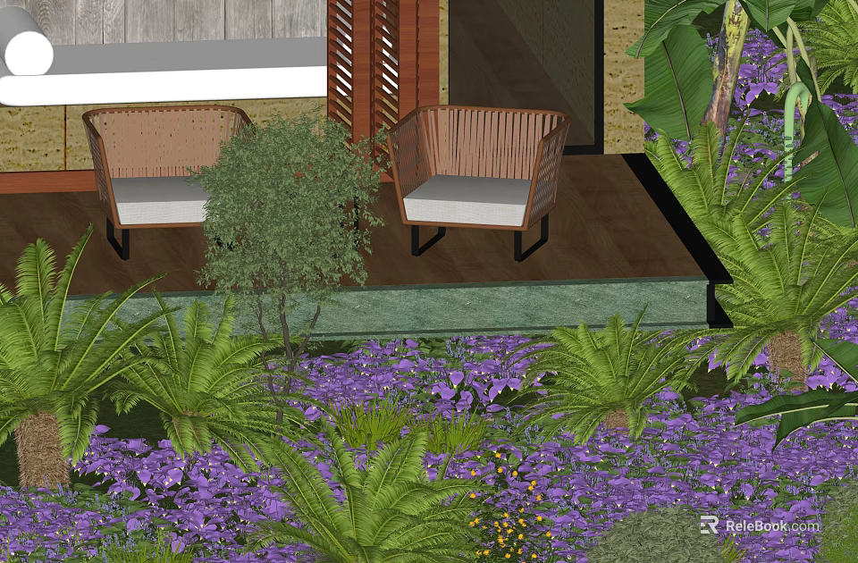 Beautiful Outdoor Garden With Purple Flowers Green Plants Ferns Wicker Chairs And Wooden Floor 3d model 