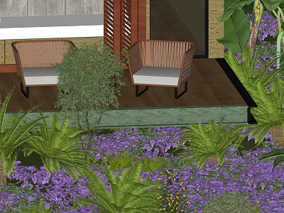 Beautiful Outdoor Garden With Purple Flowers Green Plants Ferns Wicker Chairs And Wooden Floor 3d model