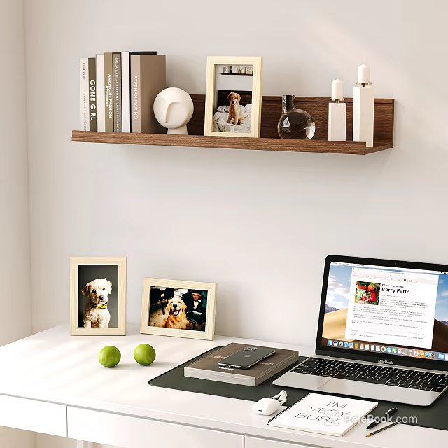 Photo Frames With Dog Photos On Wooden Shelf And Desk Alongside Lime Books Laptop Notebook 3d model 