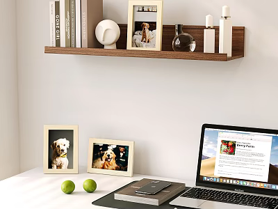 Photo Frames With Dog Photos On Wooden Shelf And Desk Alongside Lime Books Laptop Notebook 3d model