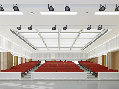 School Auditorium Modern Design With Red Seats Neatly Arranged Wooden Walls And Ceiling Lighting 3d model