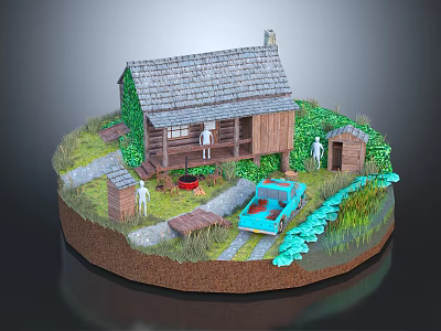 Cartoon Scene With Log Cabin Gray Roof Green Vines Yard Campfire Blue Car And Figures 3d model