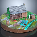 Cartoon Scene With Log Cabin Gray Roof Green Vines Yard Campfire Blue Car And Figures