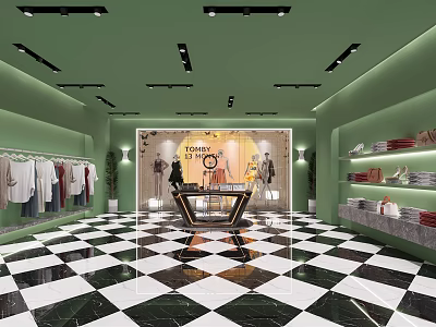 Modern Public Office Space Interior With Green Walls And Checkered Floor 3d model