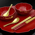 Red And Gold Petal Edged Dinnerware Set With Bowl Spoon Chopsticks On Red Tray