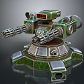 Green Camouflage Mechanical Turret With Dual Barrels And Armored Base