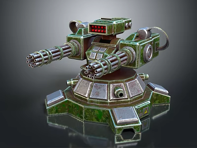 Green Camouflage Mechanical Turret With Dual Barrels And Armored Base 3d model