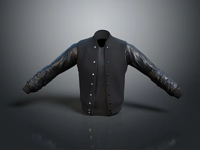 Black Stand Collar Jacket With Leather Sleeves And Button Front Design 3d model