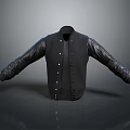 Black Stand Collar Jacket With Leather Sleeves And Button Front Design