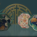 Traditional Chinese Decorative Green Boxes With Artwork And Golden Background Patterns 3d model