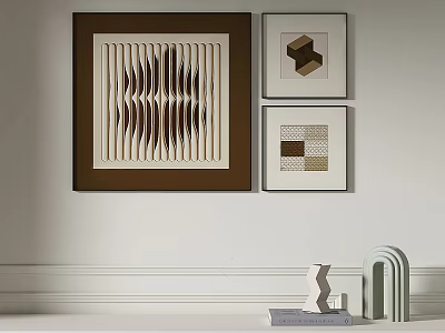 Abstract Decorative Paintings On Wall With Geometric Sculptures On White Shelf 3d model