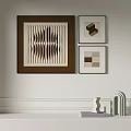 Abstract Decorative Paintings On Wall With Geometric Sculptures On White Shelf