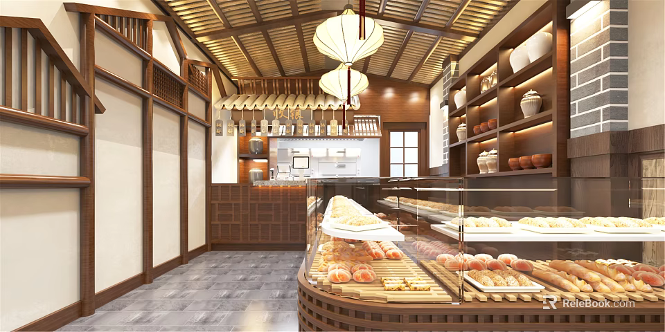 Chinese Style Dessert Shop Interior With Wooden Decor Lanterns And Display Cases Of Pastries 3d model 