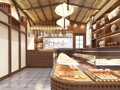 Chinese Style Dessert Shop Interior With Wooden Decor Lanterns And Display Cases Of Pastries 3d model