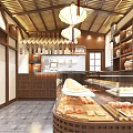 Chinese Style Dessert Shop Interior With Wooden Decor Lanterns And Display Cases Of Pastries