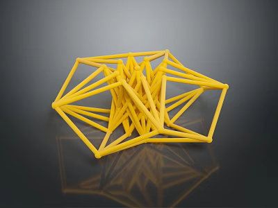 Yellow Geometric Sculpture With Interlaced Lines And Abstract Wireframe Design 3d model