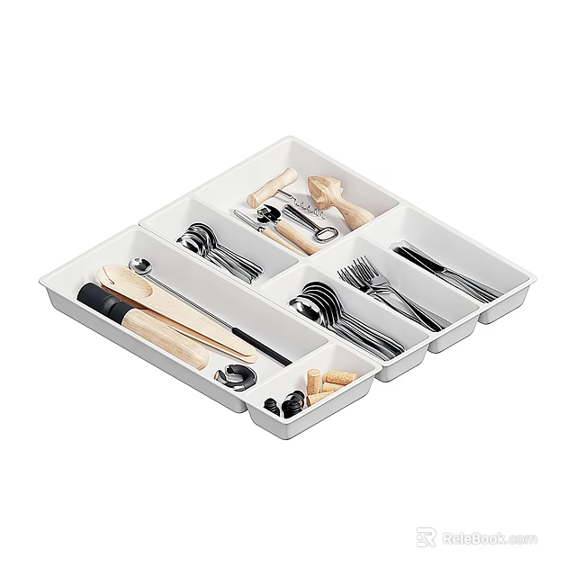 White Multi Compartment Cutlery Organizer with Spoons Forks Knives and Wooden Handles 3d model 