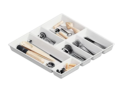 White Multi Compartment Cutlery Organizer with Spoons Forks Knives and Wooden Handles 3d model